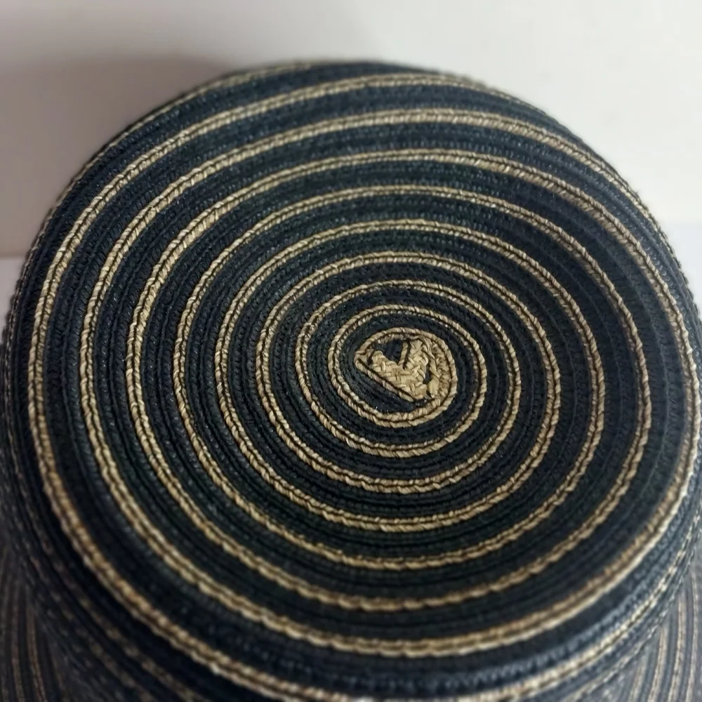 Eric Javits Navy and Natural Straw Hat with Gold Logo Button - Picture 5 of 8